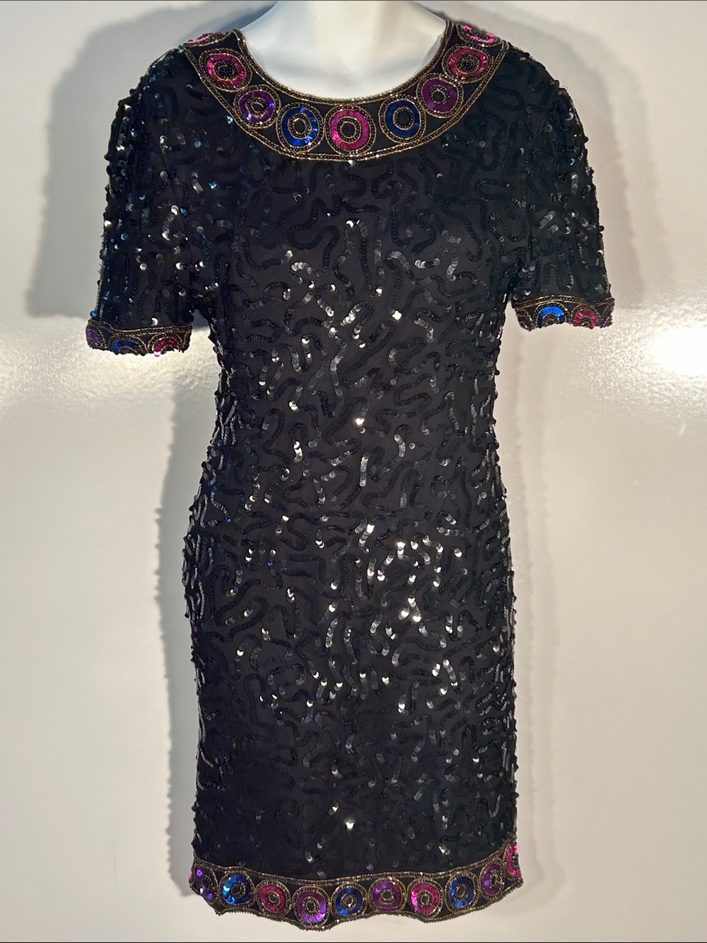 Laurence Kazar Silk SZ M Vintage Sequined Black Dress Cocktail Party Black Tie